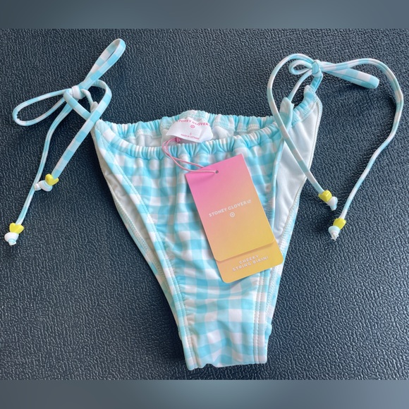 Stoney Clover Lane Bikini Bottom Blue Gingham String Swim Bottoms NWT Small - Picture 2 of 7